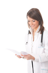 Happy doctor with document, isolated on white