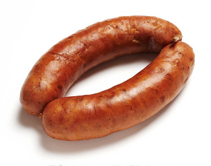 Boiled sliced fresh pork sausage isolated on white