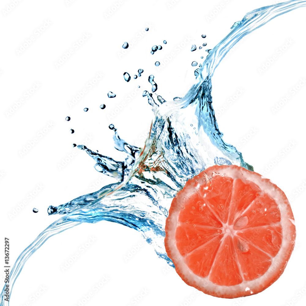 Canvas Prints grapefruit dropped into water with bubbles isolated on white