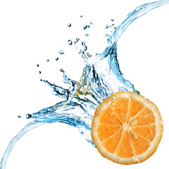 Fresh orange dropped into water with splash isolated on white