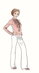 The charming model in white trousers and a transparent blouse