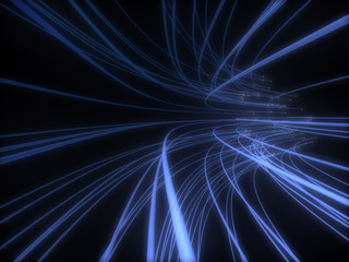 Fototapeta na wymiar Bunch of the blue optical fibers finding it's way in dark