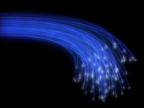 Bunch of the blue optical fibres flying from deep