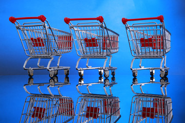 Miniature grocery shopping carts for business presentation