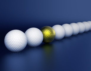 Row of golf balls and golden ball in center