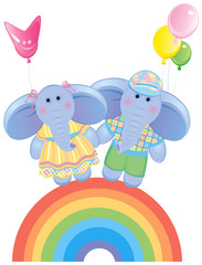 Funny elephants on rainbow.