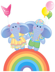 Obraz premium Funny elephants on rainbow.