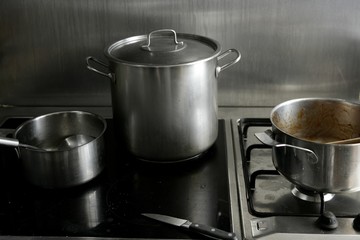 Dirty used stainless steel kitchen cooking stuff