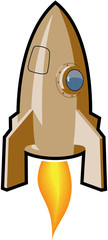 Cartoon style rocket ship with flame