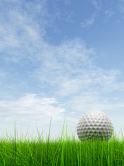 conceptual 3D golf ball on green grass over a blue sky