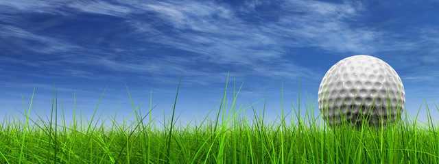 conceptuele 3D golfbal op groen gras over een blauwe hemel