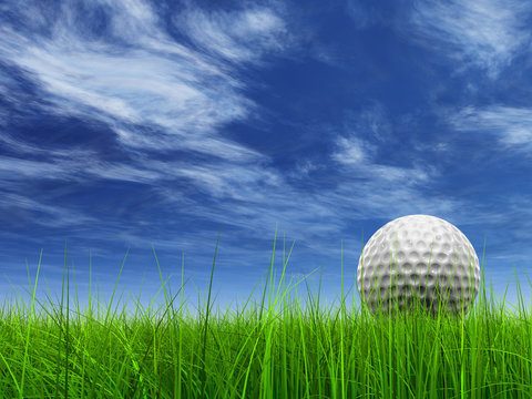 high resolution 3d white golf ball in green grass with sky