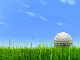 conceptual 3D golf ball on green grass over a blue sky