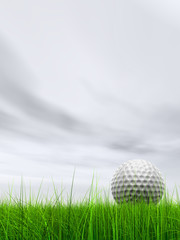 3d white golf ball in green grass on a blue sky with clouds