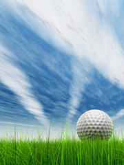 conceptual 3D golf ball on green grass over a blue sky