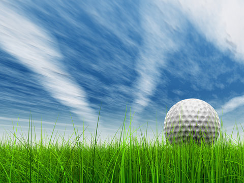 3d white golf ball in green grass on a blue sky with clouds