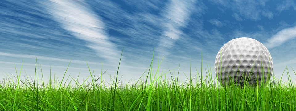 3d golf ball in green grass on a blue sky with white clouds
