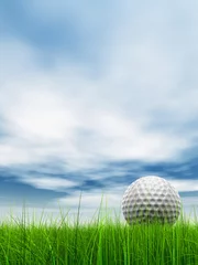Papier Peint photo Golf conceptual 3D golf ball on green grass over a blue sky