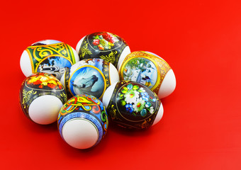 Easter  eggs on red  background.Close Up