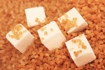 White sugar cubes and brown sugar.