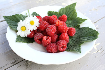 Raspberries on a White Dish with Green Leaves