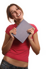 smiling girl with a notepad