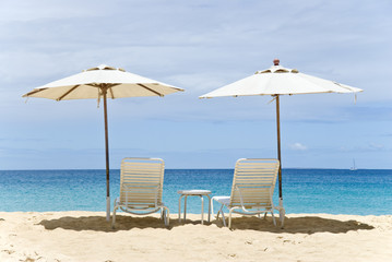 Beach Umbrellas and Chairs on a Tropical Beach