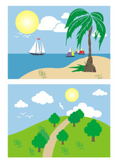 summer scene and countryside scene - vector illustrations