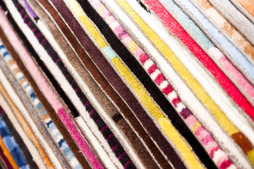 Samples of colored pile of carpet in a shop