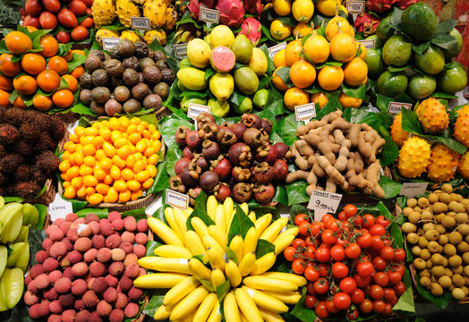 Fruits Stand In La Boqueria Market, Barcelona Spain