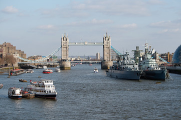 Tower Bridge & HMS Belfast on River Thames