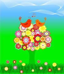 Arbre en fleur colorée avec des oiseaux d& 39 amour. illustration vectorielle
