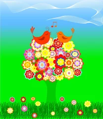 Tissu par mètre Oiseaux, abeilles Arbre en fleur colorée avec des oiseaux d& 39 amour. illustration vectorielle