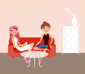 Two girl sitting and talking