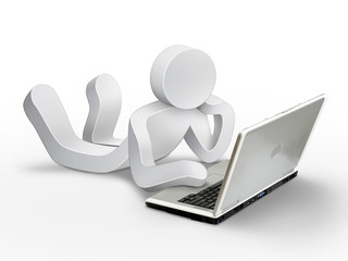 3d character man laying on the floor and working with his laptop