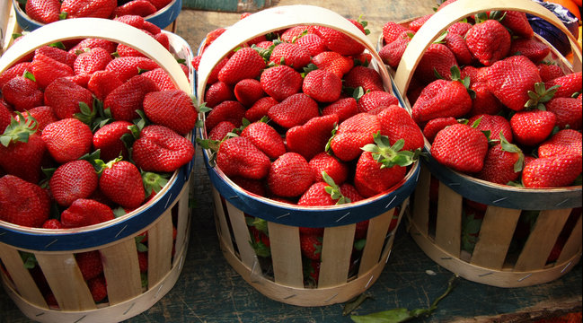 Three Baskets With Fresh Strawberries, Market, Provence, France