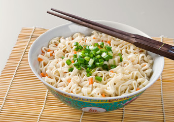 Asian noodles in Chinese bowl with chopsticks