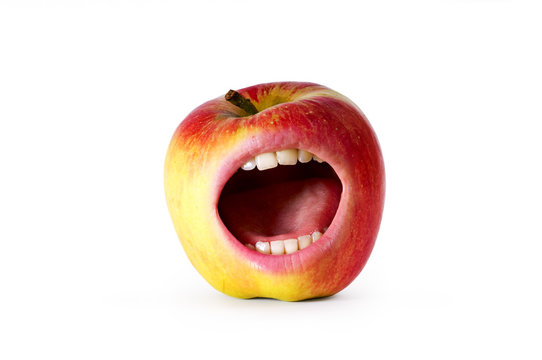 Red Angry Apple With Mouth And Clipping Path