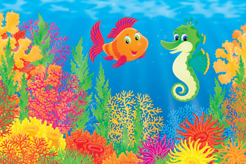Naklejka na ściany i meble Coral fish and seahorse