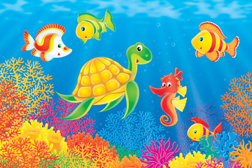 Fototapeta na wymiar Coral fishes, turtle and seahorse
