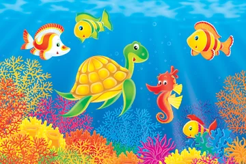 Türaufkleber Korallenfische, Schildkröten und Seepferdchen © Alexey Bannykh