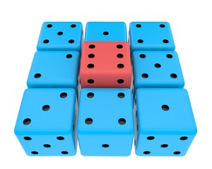 Blue dices with red one in the middle