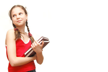 The girl in the red holds books