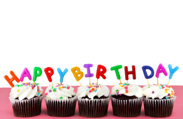 Happy Birthday Cupcakes with candles and white background