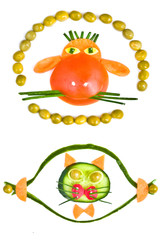 Decorative cat and cow from vegetables