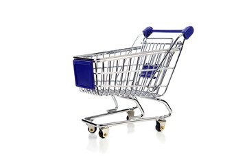 blue shopping cart over white background