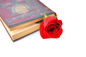 Very old book with rose over white.