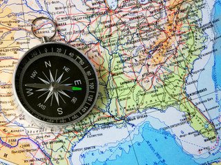 Fototapeta na wymiar compass on map of USA