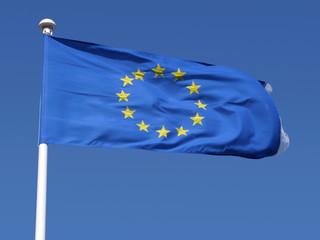 European Union flag blowing in the wind.