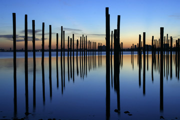 Sunrise on the bay and the docking poles